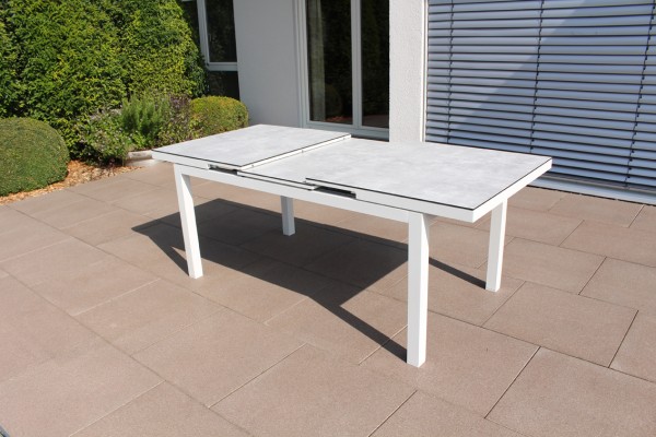 Jati & Kebon Gabon HPL-Tisch, ausziehbar, 220/280x100 cm, Tischplatte Grigio Granite, Gestell Alu we
