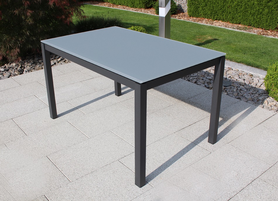 Jati & Kebon Glastisch 130x80 cm, Gestell Aluminium eisengrau, Tischplatte Glas light grey
