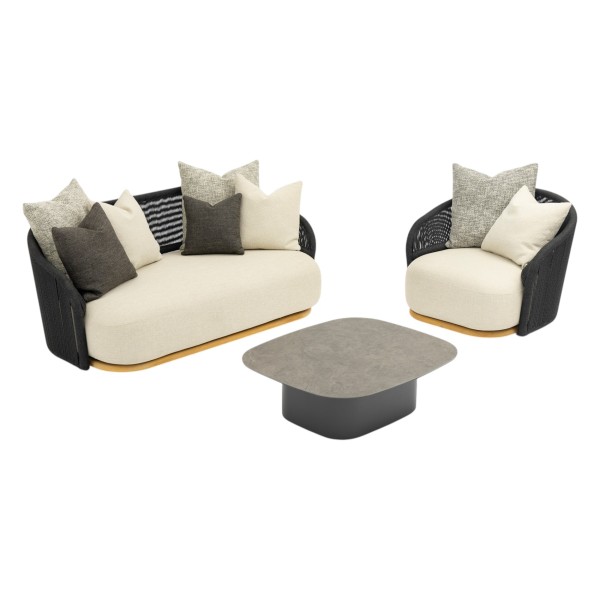 Wave Loungeset, 2-Sitzer Loungesofa, drehbarer Loungessel, Tisch mit Keramikplatte