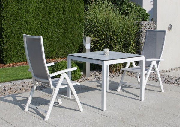 Jati & Kebon Set: 2 Tinos Klappsessel und 1 HPL-Tisch 90x90 cm mit HPL-Tischplatte grigio granite, G