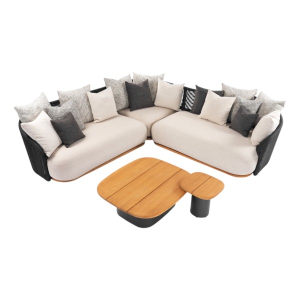 Wave Set: Chaiselongue AL links, 2-Sitzer AL rechts, Eckmodul, 2x Tisch, Aluminium, Teak, Rope, inkl