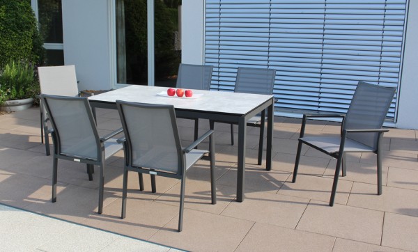Jati & Kebon Set: 6 Nashville Stapelsessel und 1 HPL-Tisch 160x90 cm mit Tischplatte grigio granite,