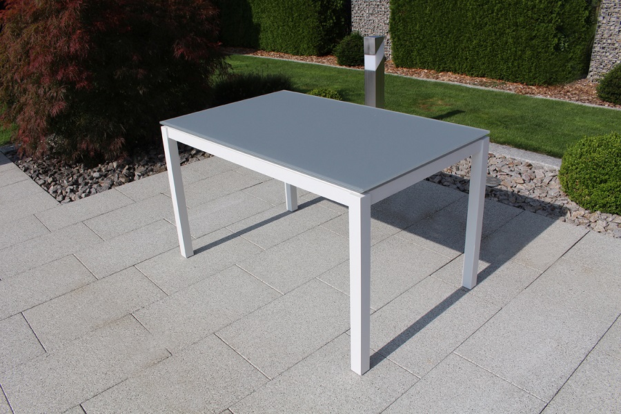 Jati & Kebon Glastisch 130x80 cm, Gestell Aluminium weiss, Tischplatte Glas light grey