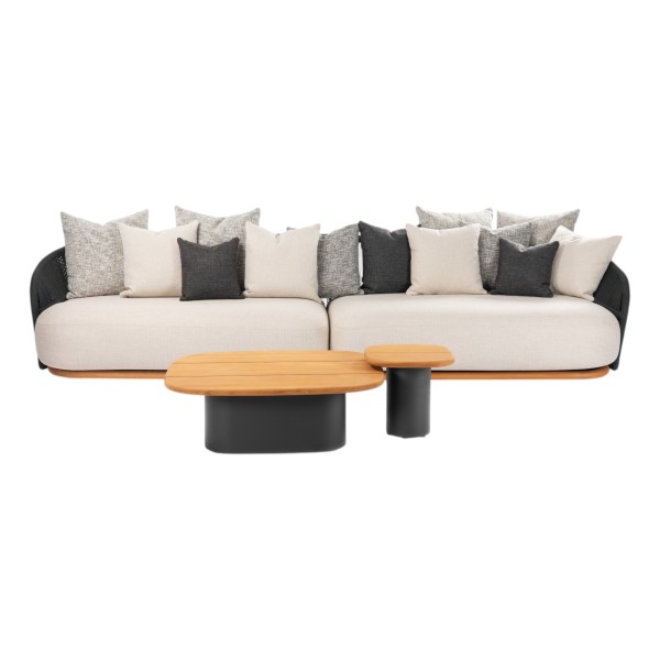 Wave Loungeset, 2-Sitzer Module Armlehne links und rechts, Loungetisch Teak groß und klein