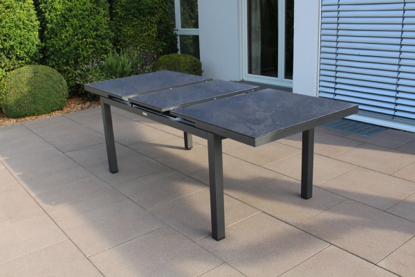 Jati & Kebon Gabon HPL-Tisch, ausziehbar, 220/280x100 cm, Tischplatte Nero Granite, Gestell Alu eise